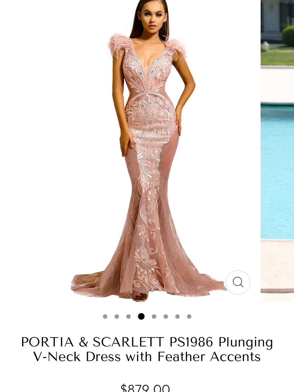 Portia and Scarlett Rose Gold Plunging V-Neck Feather Accent Gown